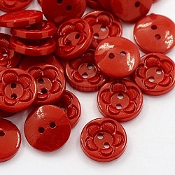 Bottoni da cucire acrilico per design di vestito, bottoni plastico, 2-foro, tinto, tondo piatto con modello di fiore, rosso scuro, 15x3mm, Foro: 1 mm