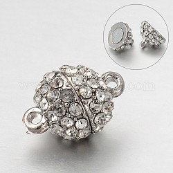 Round Alloy Rhinestone Magnetic Clasps with Loops, Platinum, 16x10mm, Hole: 1mm