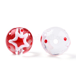 Perles de lampwork faites à la main transparentes, ronde avec motif en étoile, rouge, 13x12x11mm, Trou: 1.2~1.5mm