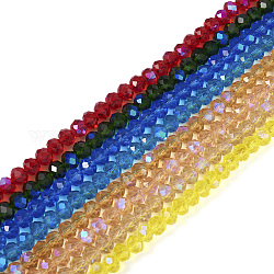 8 hilos 8 colores electrochapa hilos de perlas de vidrio transparente, medio arco iris chapado, facetados, rerondana plana, color mezclado, 6x5mm, agujero: 1 mm, aproximamente 85~88 pcs / cadena, 16.1~16.5 pulgada (41~42 cm), 1 hebra / color