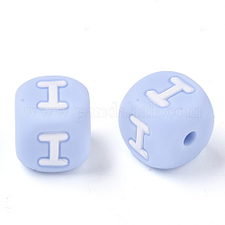 Food Grade Eco-Friendly Silicone Beads, Horizontal Hole, Chewing Beads For Teethers, DIY Nursing Necklaces Making, Letter Style, Cube, Light Sky Blue, Letter.I, 10x10x10mm, Hole: 2mm