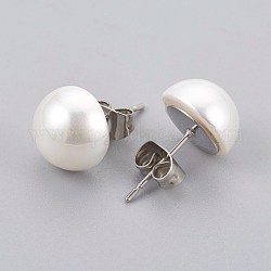 Perlas de concha perla orejeras, con 304 fornituras de acero inoxidable, plano y redondo, color acero inoxidable, 10x6mm, pin: 0.7 mm