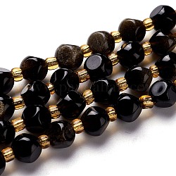 Chapelets de perles en obsidienne dorée naturelle, avec des perles de rocaille, dés célestes à six faces, 6~6.5x6~6.5x6~6.5mm, Trou: 0.5mm, Environ 51 pcs/chapelet, 15.94'' (40.5 cm)