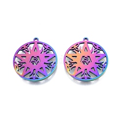 Ion Plating(IP) 201 Stainless Steel Pendant,  Hollow Charms, Flat Round with Star, Rainbow Color, 27x25x1.5mm, Hole: 1.5mm