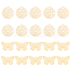 UNICRAFTALE 40Pcs 2 Styles Golden Filigree Pendants 201 Stainless Steel Etched Butterfly Pendants Flat Round Filigree Charms 22.5mm Long Necklace Pendants Metal Bracelets Charms for Jewelry Making