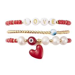 Set di braccialetti elasticizzati con parole in vetro e perle naturali da 3 pz e 3 stili, braccialetti impilabili malocchio e cuore in ottone per San Valentino, rosso, diametro interno: 2-1/4 pollice (5.8 cm), 1pc / style