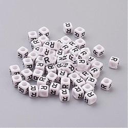 Letter R White Cube Letter Acrylic Beads, Horizontal Hole, Size: about 6mm wide, 6mm long, 6mm high, hole: about 3.2mm, about 300pcs/50g