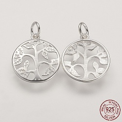 925 Sterling Silver Pendants, Flat Round with Tree of Life Tree, Silver, 16x14x2mm, Hole: 3mm