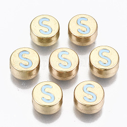 Perline smaltato in lega,  cadmio& piombo libero, tondo piatto con lettere iniziali, oro chiaro, cielo azzurro, letter.s, 8x4mm, Foro: 1.5 mm