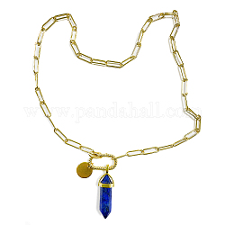 Collier pendentif pointu à double terminaison lapis lazuli naturel pour hommes femmes, collier chaîne trombone en laiton, or, 19.9 pouce (50.5 cm)