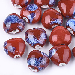 Perles en porcelaine manuelles, fantaisie porcelaine émaillée antique, cœur, rouge foncé, 14~15x16x9~10mm, Trou: 2mm