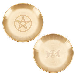 Unicraftale 2Pcs 2 Style 201 Stainless Steel Candle Holder, Tarot Theme Tealight Tray, Home Tabletop Centerpiece Decoration, Flat Round with Triple Moon & Pentagram Pattern, Golden, 14.1x1.1cm, Inner Diameter: 13.5cm, 1pc/style