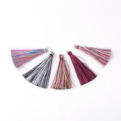 Nylon Thread Tassel Big Pendants Decoration, with Brass Findings, Golden, Mixed Color, 63~66x7mm, Hole: 7mm