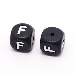 Silikonperlen, Würfel mit letter.f, Schwarz, 12x12x12 mm, Bohrung: 2 mm