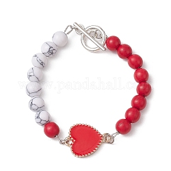 Bracciale a maglie a cuore in lega smaltata, con perline rotonde turchesi sintetiche, rosso, 7-1/2 pollice (19.2 cm)