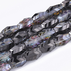 Electroplate Glass Beads Strands, Half Plated, Frosted, Faceted, Barrel, Black, 7.5x7.5x11mm, Hole: 1.2mm, about 60pcs/strand, 25.9 inch