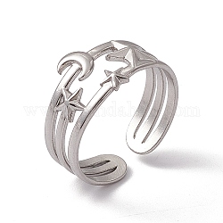 304 Stainless Steel Star & Moon Open Cuff Ring for Women, Stainless Steel Color, US Size 7 3/4(17.9mm)
