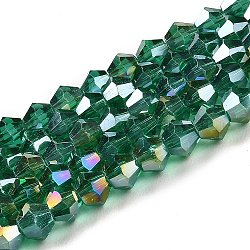 Trasparenti perle di vetro placca fili, ab colore placcato, sfaccettato, bicono, verde acqua, 4x4mm, Foro: 0.8 mm, circa 87~98pcs/filo, 12.76~14.61 pollice (32.4~37.1 cm)