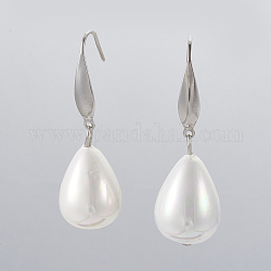 Teardrop Shell Pearl Bead Dangle Earrings, with 304 Stainless Steel Finding and Brass Finding, 43mm, Pin: 0.7mm