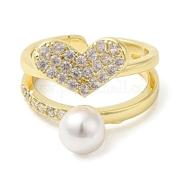Кольцо-манжета из латуни в форме сердца с фианитом, пластиковое жемчужное кольцо для женщин, без кадмия и без свинца, реальный 18k позолоченный, внутренний диаметр: 18 мм