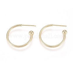 Brass Stud Earrings, Half Hoop Earrings, with 925 Sterling Silver Pin, Long-Lasting Plated, Real 14K Gold Plated, 20x21x4mm, Pin: 0.8mm