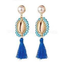 Boucles d'oreilles pendantes longues en fil de fer avec perles, coquille naturelle avec boucles d'oreilles pendantes en polyester pour femmes, or, Dodger bleu, 85mm, pin: 0.9 mm