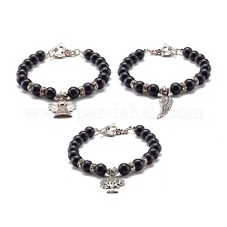 Bracelet en perles de pierre synthétique noire ronde mate, bracelet fermoir coeur, bracelet à breloques en alliage, formes mixtes, 8-1/8 pouce (20.5 cm)
