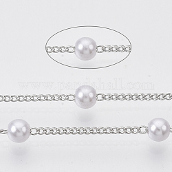 Handmade Brass Chains, with Round ABS Plastic Imitation Pearl Beads, Soldered, with Spool, Creamy White, Platinum, 2x1.2x0.4mm, about 39.37 Feet(12m)/roll