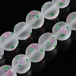 Chapelets de perles vernissées mates manuelles, ronde avec des fleurs, clair, 11~12mm, Trou: 1.4mm, Environ 45 pcs/chapelet, 19.69 pouce (50 cm)