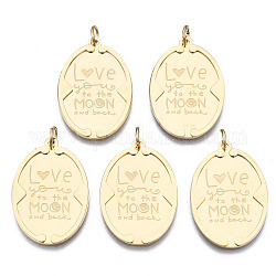 316 Surgical Stainless Steel Pendants, with Jump Rings, Oval with Word Love Moon, Real 14K Gold Plated, 27.5x18x1.5mm, Hole: 3mm, Jump Ring: 5x1mm, 3mm inner diameter