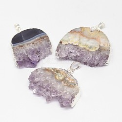 Natural Druzy Amethyst Pendants, with Brass Finding, Silver Color Plated, 45~47x33~40x8~9mm, Hole: 5x8mm