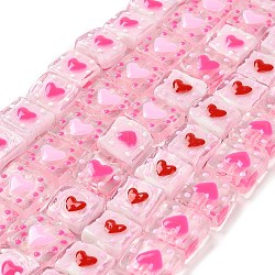 Brins de perles en émail faites à la main pour la Saint-Valentin, carré avec coeur, couleur mixte, 14~15x14~15x7~8mm, Trou: 1.2mm, Environ 25 pcs/chapelet