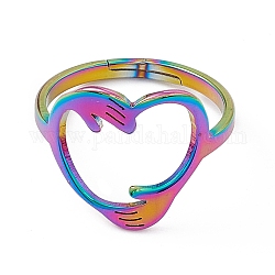 Placcatura ionica (ip) 201 anello regolabile a forma di cuore per abbraccio a mano in acciaio inossidabile da donna, colore arcobaleno, misura degli stati uniti 6 (16.5mm)