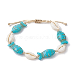 Bracelets de cheville en coquillages naturels et perles synthétiques tressées turquoise, poisson, diamètre intérieur: 1-7/8~3 pouce (4.7~7.5 cm), poisson: 22x12 mm