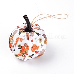 Décorations de pendentif en tissu, avec corde de chanvre et rempli de mousse, thème d'automne, citrouille avec motif, orange foncé, 110mm