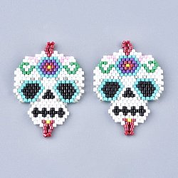 Connecteurs de liens de perles de rocaille faites à la main, avec du fil élastique, motif de tissage, crâne de sucre, pour le jour férié des morts au mexique, colorées, 41x29x1.5mm, Trou: 2mm