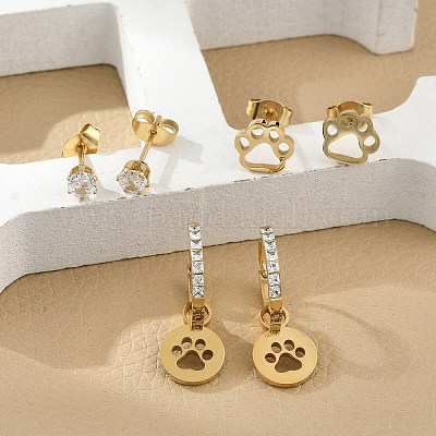 Комплекты серег с отпечатками лап из нержавеющей стали 304 со стразами EJEW-Z098-24G-1