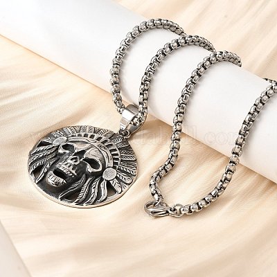 Ожерелья с подвеской в виде черепа индейца из нержавеющей стали 304 для женщин и мужчин NJEW-Z076-03AS-1
