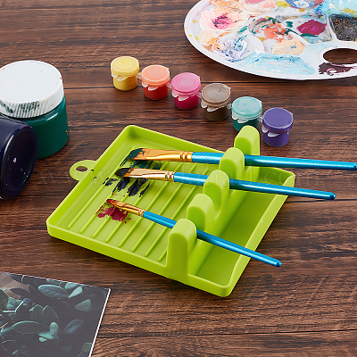 GORGECRAFT 1Pc Paint Brush Rest Holder Green Plastic 4 Slots Paintings  Brushes Rests Drip Tray Pad for Watercolor Oil Acrylic Painting Crafts  Party