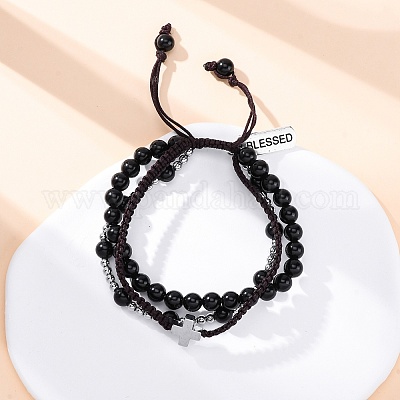 Регулируемые браслеты из плетеных бусин из натурального обсидиана и гематита BJEW-U035-01A-1