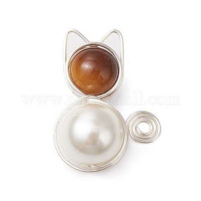 4 шт. подвески в форме кошки из медной проволоки с покрытием из двух цветов: ракушечного жемчуга и натурального тигрового глаза (смешанного крашеного и неокрашенного) PALLOY-TA00179-1