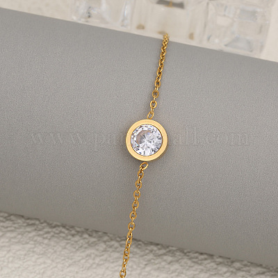 Плоские круглые браслеты из нержавеющей стали 304 с прозрачными кубическими цирконами FS-WG45711-01-1