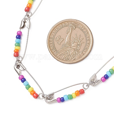 Чакра разноцветные стеклянные бусины из железных бусин с булавками ожерелья NJEW-JN05670-1