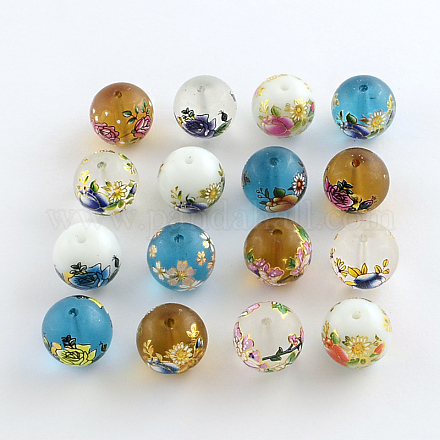 Flower Picture Frosted Brushwork Glass Round Beads GFB-R004-14mm-M11-1
