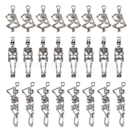 Fingerinspire 72 pieza 3 estilos cuerpo de esqueleto encantos de calavera encantos de cuerpo de esqueleto de aleación colgantes de hueso de calavera de plata tibetana encantos de esqueleto de halloween para manualidades diy llavero collar pulsera fabricación de joyas TIBE-FG0001-02-1