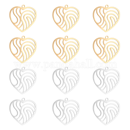 UNICRAFTALE 12pcs 2 Colors Heart with Wavy Filigree Charms 201 Stainless Steel Pendants 1.4mm Small Hole Charms for DIY Jewelry Making STAS-UN0029-90-1