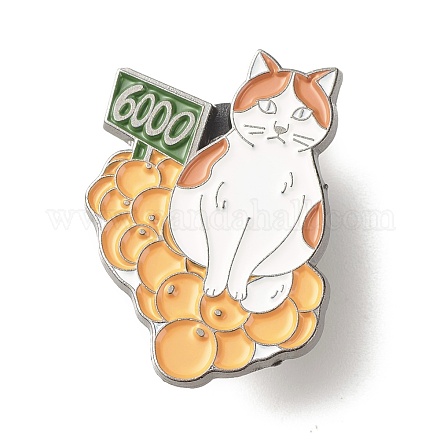 オレンジ色のエナメルピンが付いている猫  バックパック服用ナンバー模様6000アイアンエナメルブローチ  ガンメタ色  きいろ  29x21.5x10mm JEWB-C012-06C-1