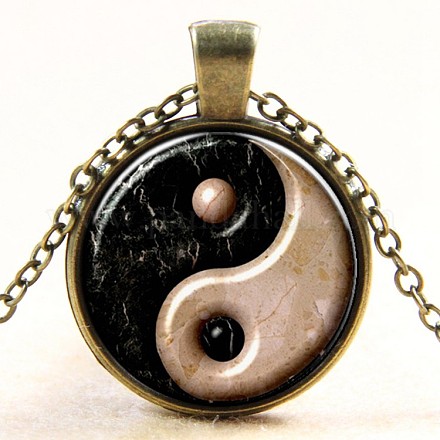Collane con pendente in vetro rotondo piatto modello feng shui yin-yang NJEW-N0051-010F-01-1