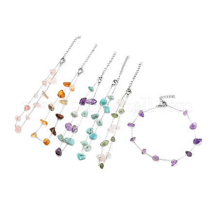 Fußkettchen aus Perlen mit gemischten natürlichen Edelsteinsplittern und 304 Edelstahlkette für Damen AJEW-Z008-01-1