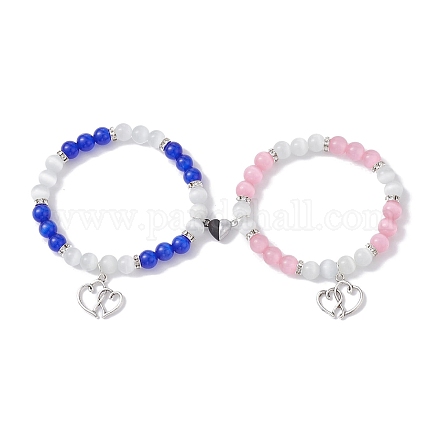 2 Stück 2-farbiges Katzenauge-Stretch-Armband-Set mit runden Perlen zum Valentinstag BJEW-TA00432-1